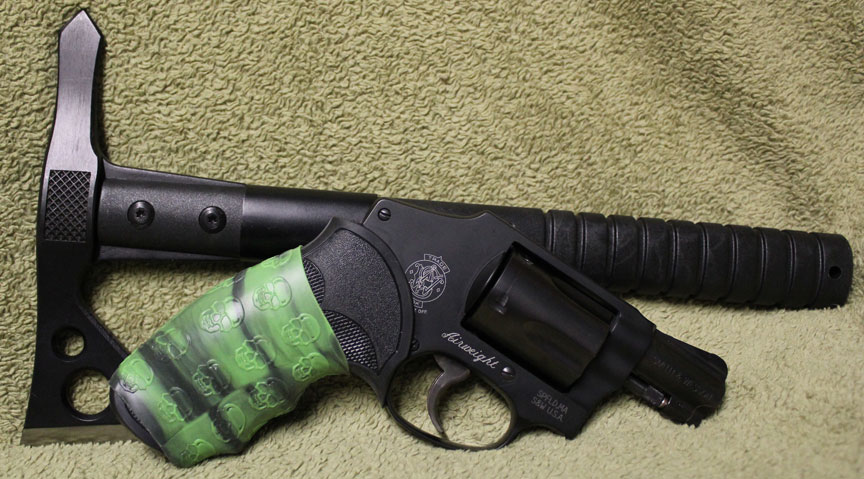 S&W 442 with TUFF1 Zombie Down! Grip and a Serious Tomahawk Too!