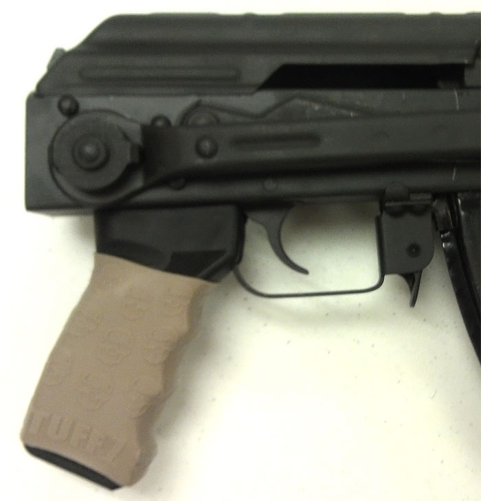 AK 47 closeup of TUFF1 Death Grip Desert Tan