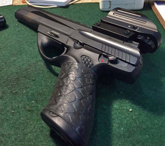 Closeup of Beretta Neos with TUFF1 Black Boa Grip