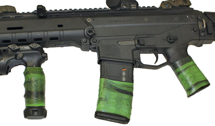 Close-up of Bushmaster Adaptive Combat Rifle (ACR) with 3 TUFF1 Zombie Down! grips covers