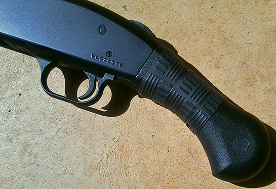 Here's the Mossberg Shock Wave with your TUFF1 grip......What a difference it makes..... The TUFF1 installed on my Mossberg Shock Wave  makes shooting it a pleasure......Prevents my hand slipping into the safety button.......You should get the word out.......It really tamed this light and short 12 gauge firearm......from T.J.B.