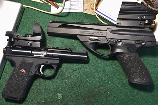 from J.E. ~"Two of my favorites; Ruger Mark III Target model and a Beretta Neos. Great rim fire steel guns. Love the grips."
