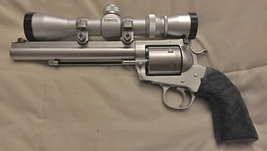Ruger Super BlackHawk Bisley Hunter 44 Mag with 2 TUFF1 Boa's-- C.H. says..."I am really pleased with the look and feel.  If they would have only been about 1 inch longer I could have gotten by with one.  I highly recommend these for anyone with this gun that was as frustrated as I was trying to get rubber grips."