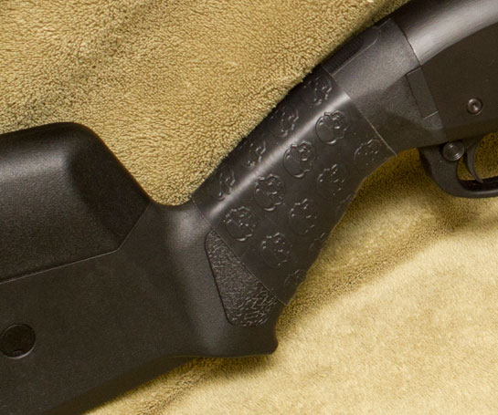 Close-up TUFF1 Death Grip Black on Remington 870 with Magpul Stock and Slide
