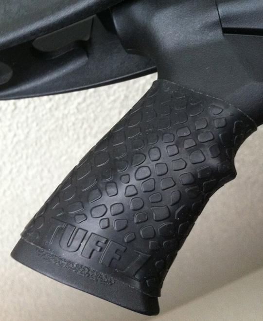 Close-up Black TUFF1 Boa Grip on 12 Gauge Tactical Shotgun