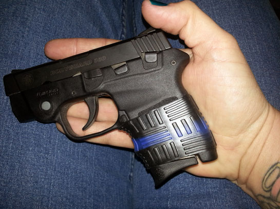 S&W Bodyguard 380 with a perfectly trimmed TUFF1 Double Cross Thin Blue Line